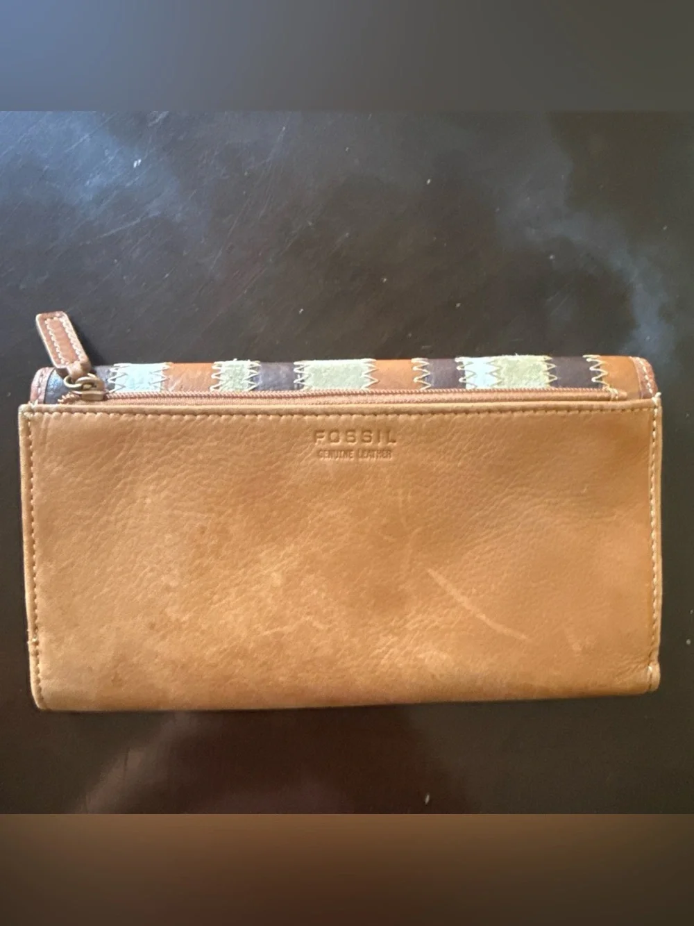 Vtg Fossil Striped Patchwork Genuine Leather Tri Fold Wallet